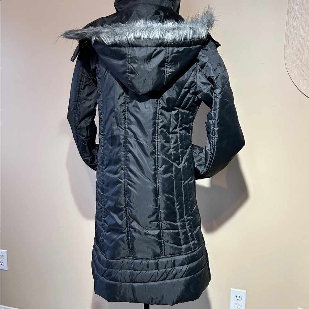 Long Winter Coat, Removable Hood, Black, 38” long (size Small)